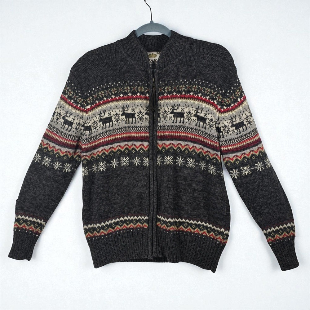 Tiara International Knit Cardigan Sweater Women MED Fair Isle Reindeer Full Zip